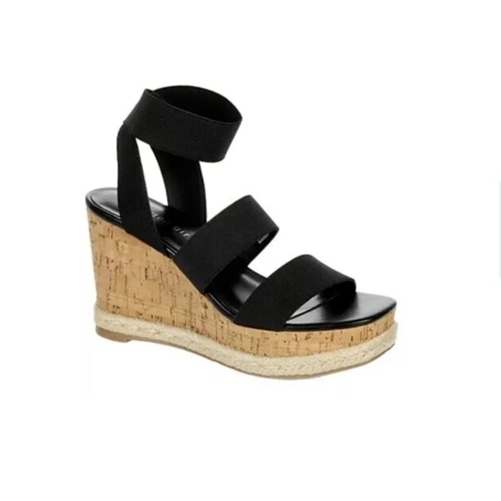 NEW Steve Madden Madden Girl Wedge Sandals Black Cork Heel Open Toe Womens 8.5